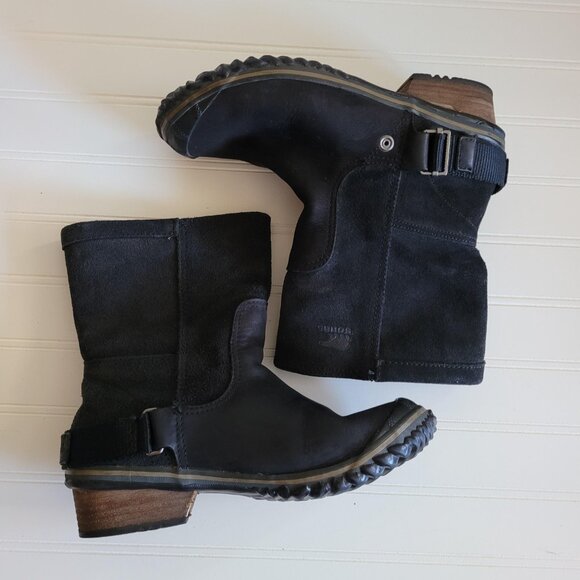 Sorel Slimshortie Boots Size 7 Black Suede and Leather Moto Buckle Pull On - Picture 6 of 14